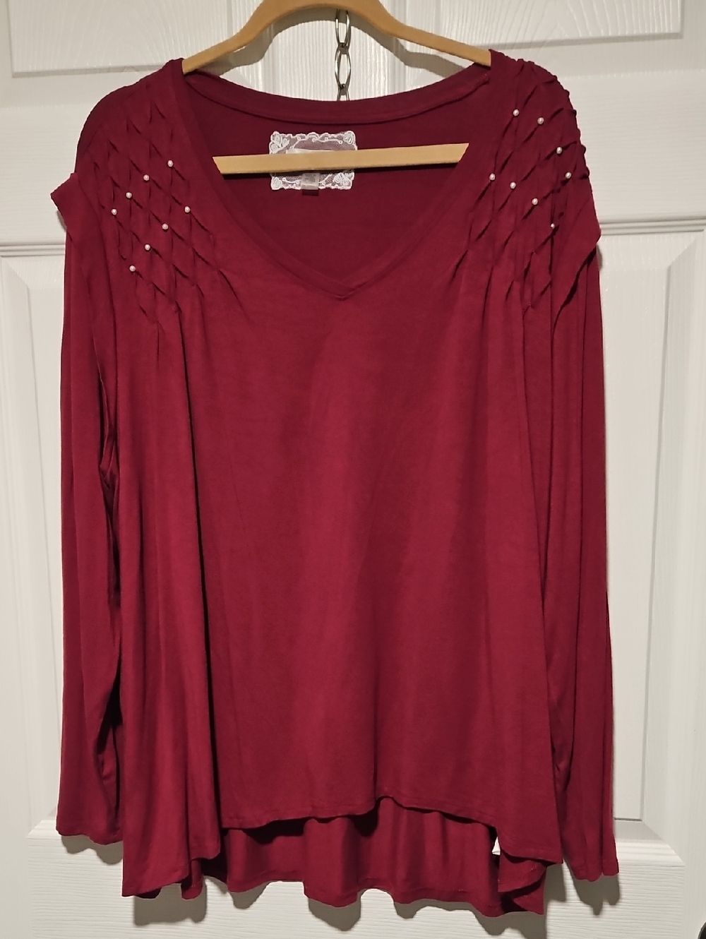 Cupio Burgundy V-Neck Long Sleeve Top with Pearl Shoulder Detail - Picture 3 of 5